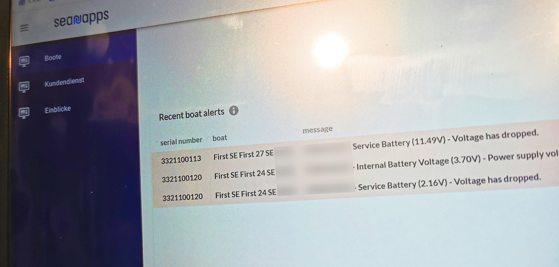 So sehen bei uns im Backend Alarme/Fehlermeldungen von SEANAPPS aus